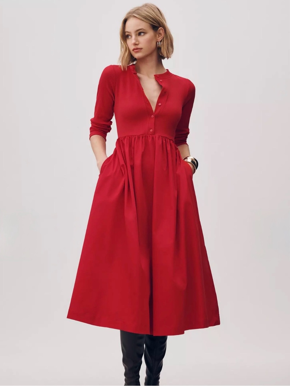 Maeve Long-Sleeve Twofer Cardigan Midi Dress, Medium
